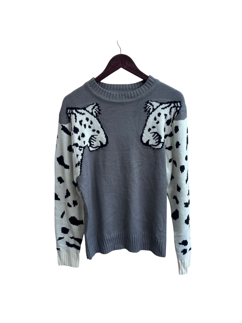 NWT Leopard Head Animal Print Sweater Gray White Soft Knit XL